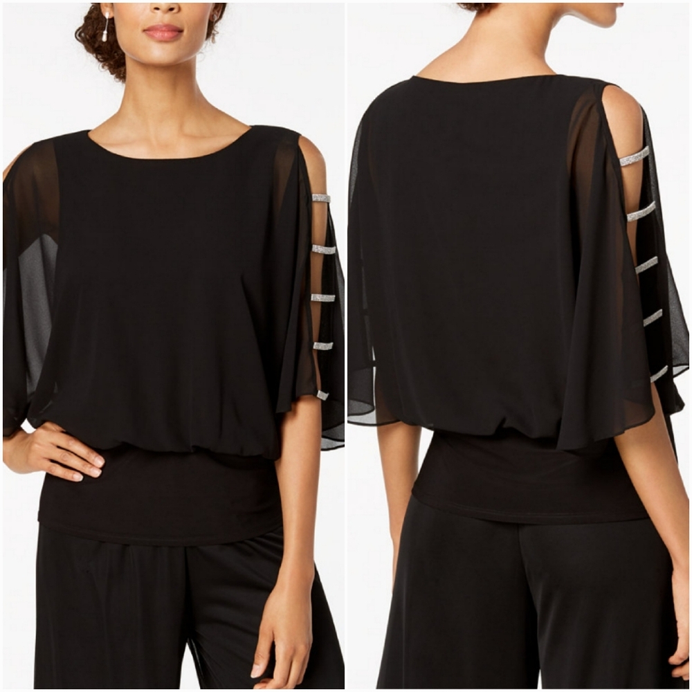 🆕️MSK Stylish Embellished Rhinestone Sleeves Black Blouse SZ Large